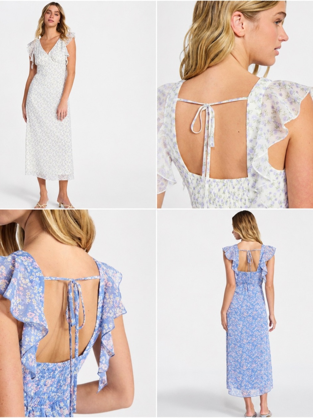 Bundle of 2 Floral Ruffle V-Neck Maxi Dresses - White floral, Blue floral